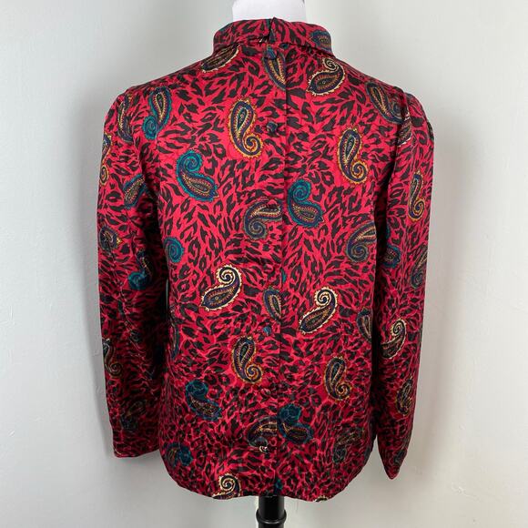 Vintage Anne Crimmins Silk Red Paisley High Neck Long Sleeve Blouse Size 8 - Picture 3 of 5